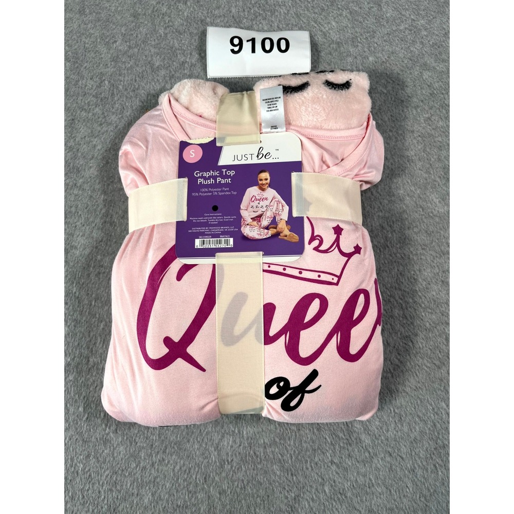 Just‎ Be Sleepwear Set T Shirt Plush Pants Womens Small Pink Graphic Queen Crown
